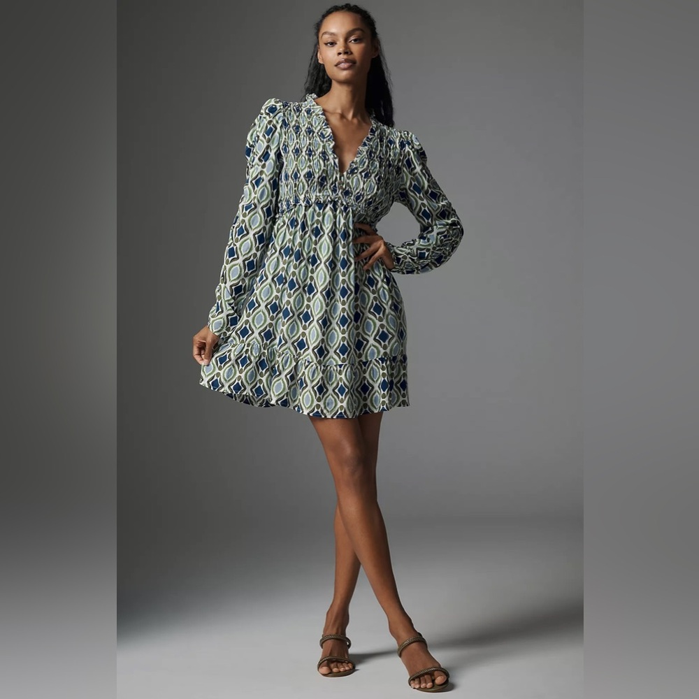 By Anthropologie Long-Sleeve V-Neck Ruffle Mini Dress Blue Geometric XS 0 2